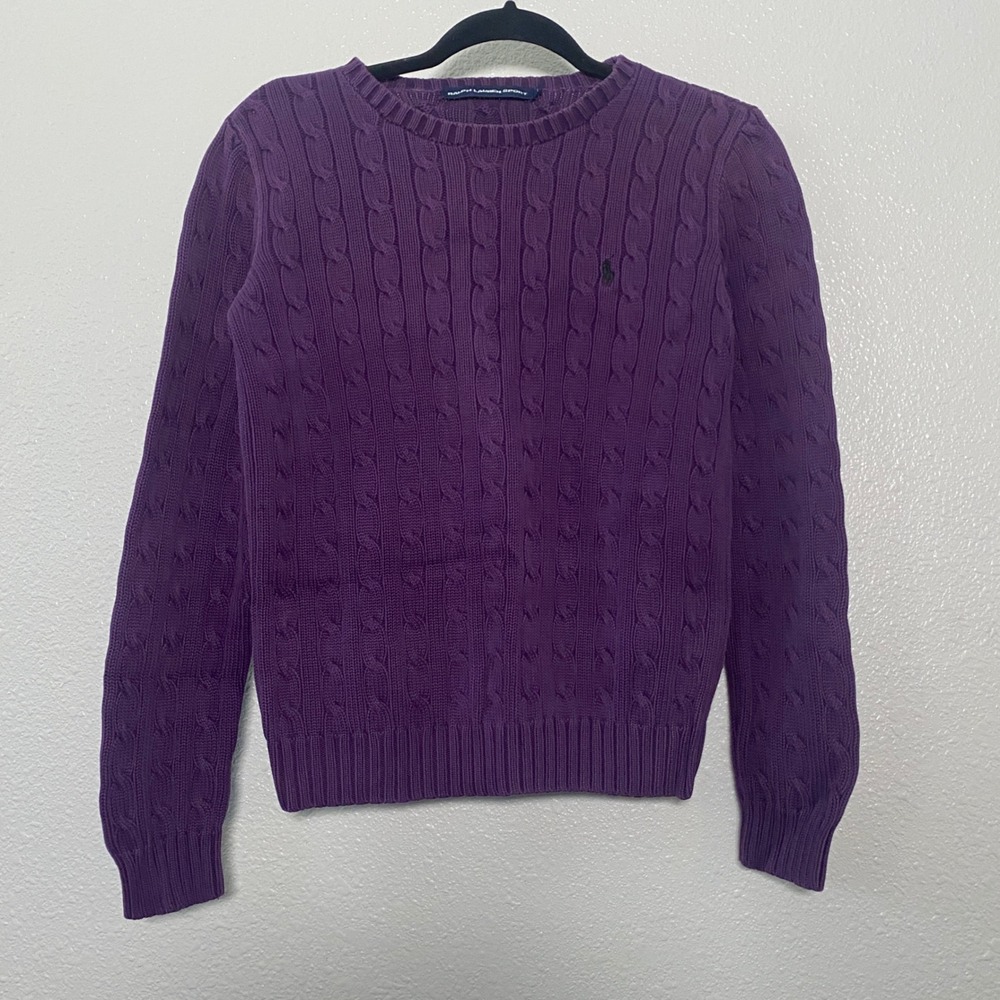 100% Cotton Lauren Ralph Lauren Cable Knit Sweater Large Purple Black Pony Prep